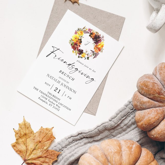 Orange & Yellow Floral Friendsgiving Wreath Invitation (Creator Uploaded)