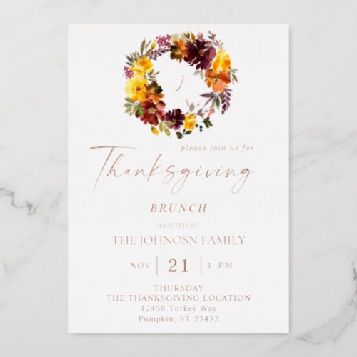 Orange  Yellow Floral Thanksgiving Wreath Foil Invitation