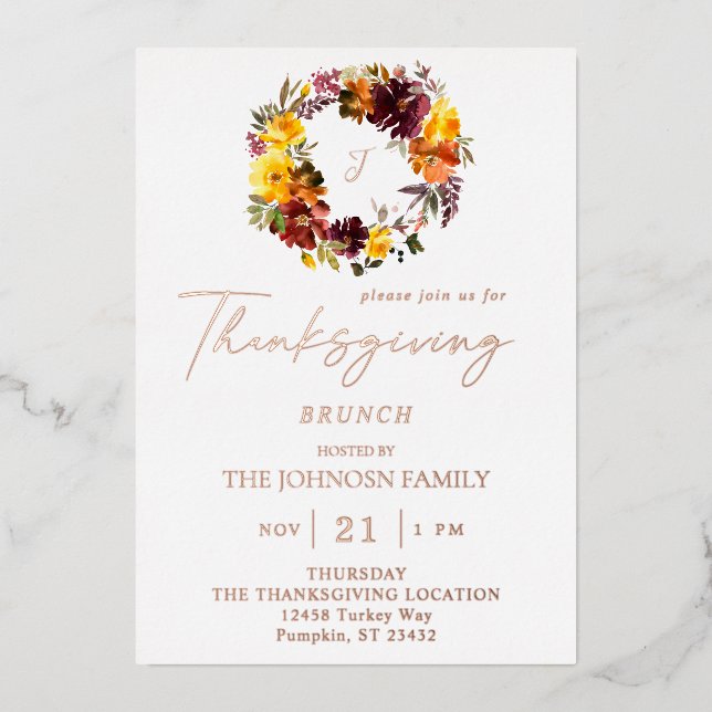 Orange & Yellow Floral Thanksgiving Wreath Foil Invitation (Front)
