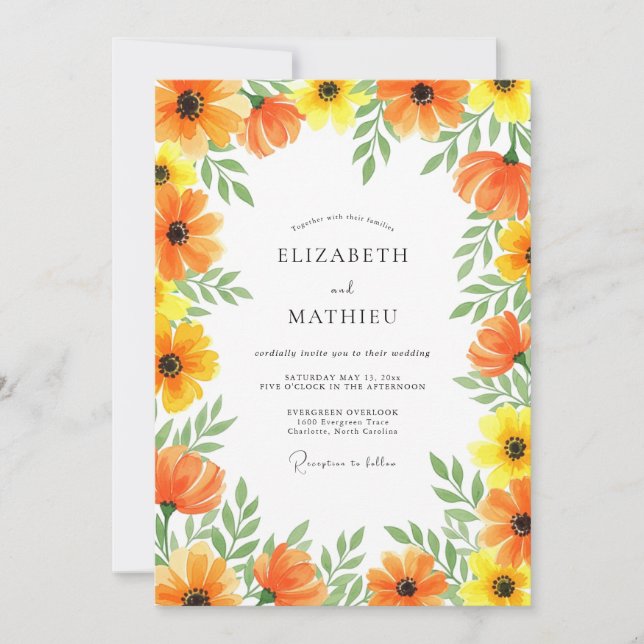 Orange Yellow Floral Whimsy Wedding Invitation (Front)