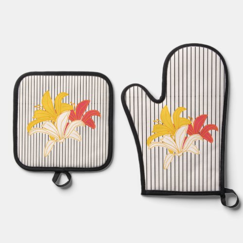 Orange Yellow Flowers Black White Stripes Oven Mitt  Pot Holder Set