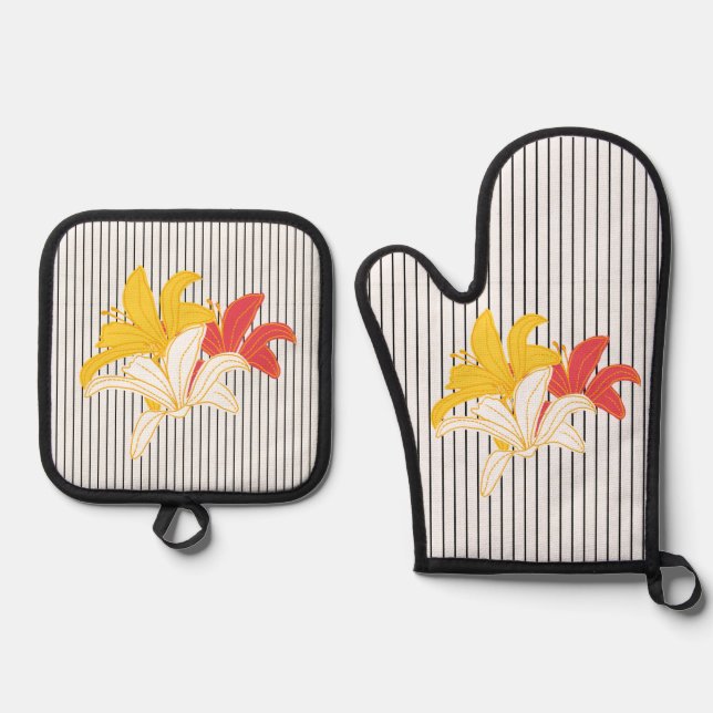 Orange Yellow Flowers Black White Stripes Oven Mitt & Pot Holder Set (Front)
