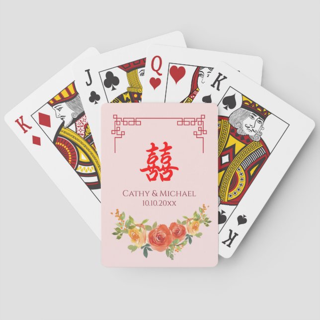 Orange yellow flowers Chinese frame wedding Poker Cards (Back)