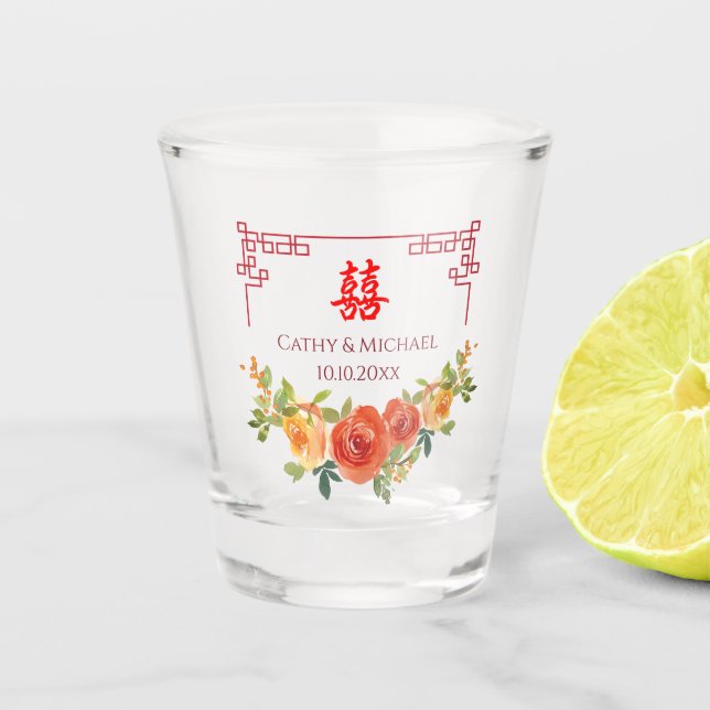 Orange yellow flowers Chinese frame wedding Shot Glass (Front)