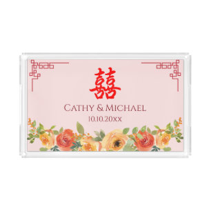 Orange yellow flowers Chinese tea ceremony Acrylic Tray