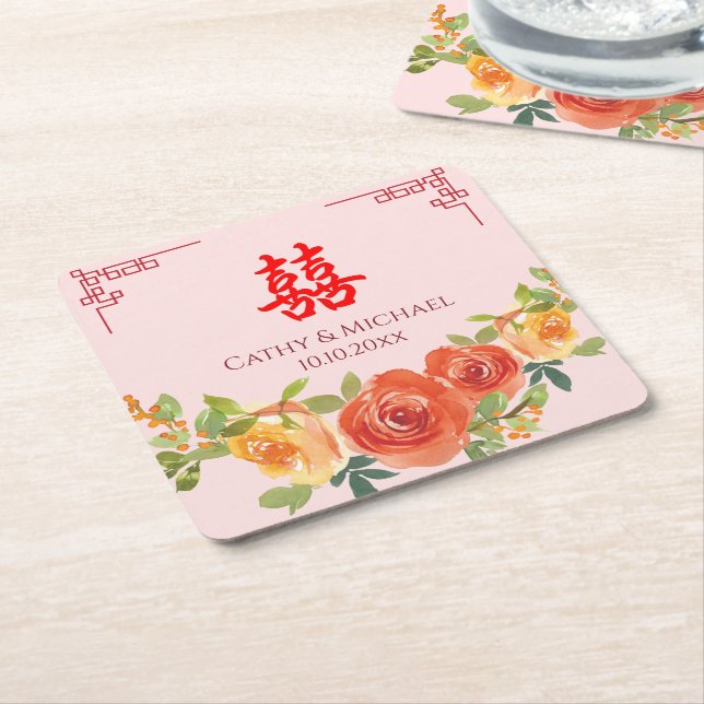 Orange yellow flowers Chinese wedding  Square Paper Coaster (Angled)