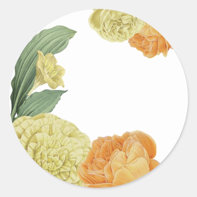 orange yellow flowers greenery classic round sticker (Front)