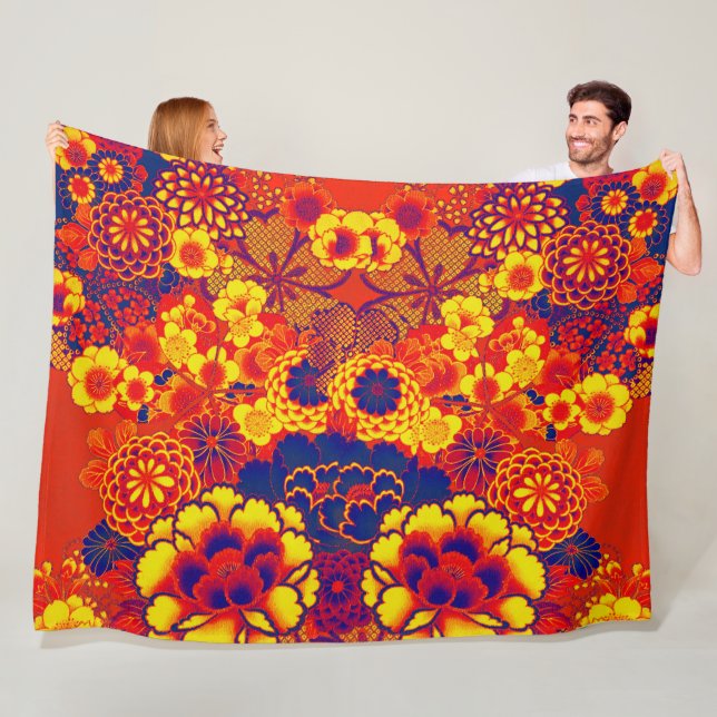 ORANGE YELLOW FLOWERS Peony,Roses Japanese Floral Fleece Blanket (In Situ)