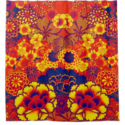 ORANGE YELLOW FLOWERS PeonyRoses Japanese Floral Shower Curtain