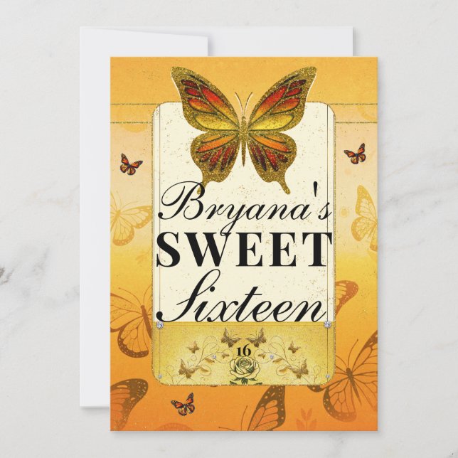 Orange Yellow & Gold Butterfly Sweet 16 Party Invitation (Front)