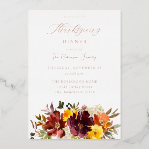 Orange  Yellow Gold Fall Floral Thanksgiving  Foil Invitation