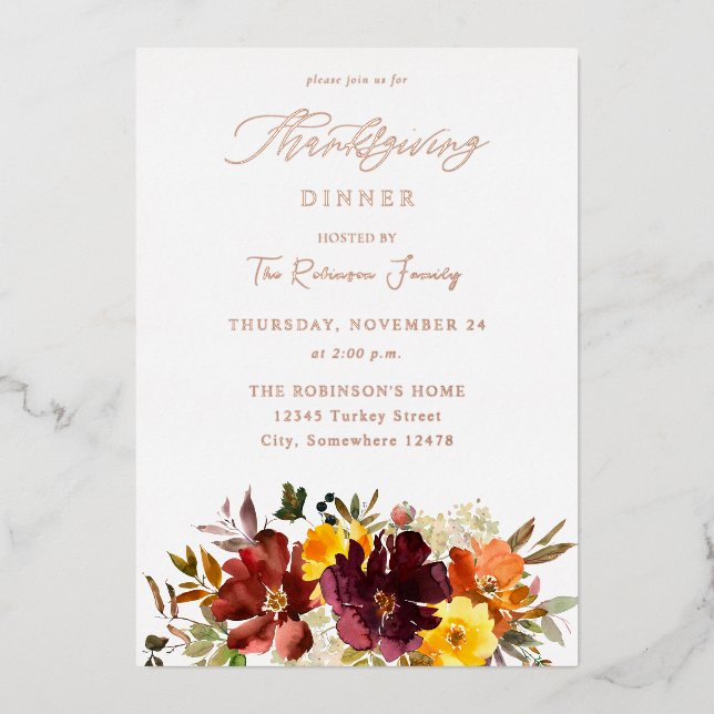 Orange & Yellow Gold Fall Floral Thanksgiving  Foil Invitation (Front)