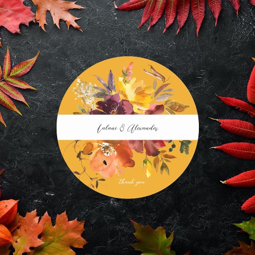 Orange  Yellow Gold Floral 2V2 Thank You _Gold Classic Round Sticker