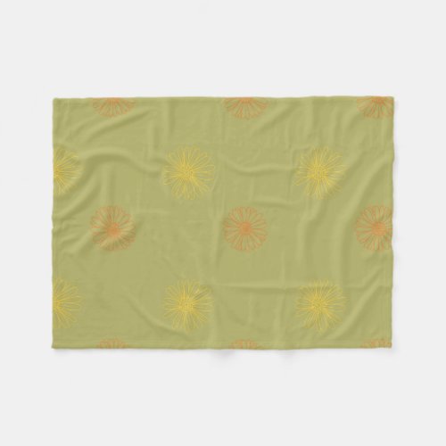 Orange yellow gold floral pattern on fern green fleece blanket