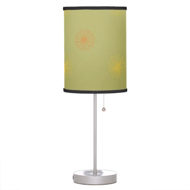 Orange yellow gold floral pattern on fern green table lamp (Left)