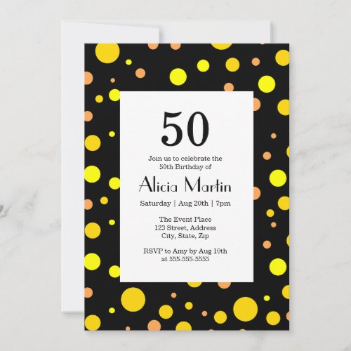Orange Yellow Gold Polka Dot Black 50th Birthday Invitation