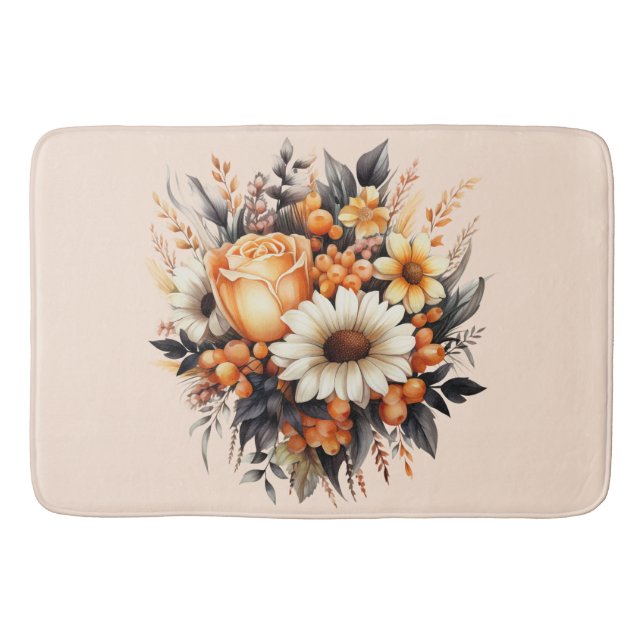 Orange Yellow Gray Flower Bouquet Bath Mat (Front)