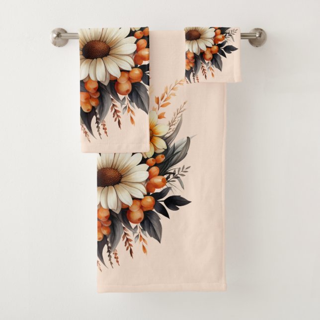 Orange Yellow Gray Flower Bouquet Bath Towel Set (Insitu)