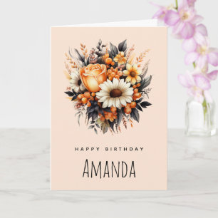 Orange Yellow Gray Flower Bouquet Birthday Card