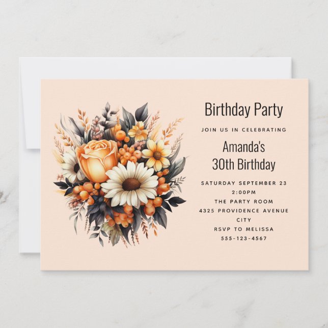 Orange Yellow Gray Flower Bouquet Birthday Invitation (Front)