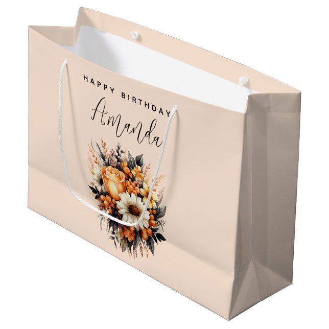Orange Yellow Gray Flower Bouquet Birthday Large Gift Bag (Front Angled)