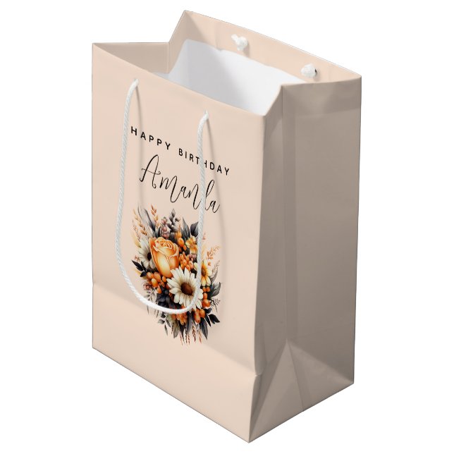Orange Yellow Gray Flower Bouquet Birthday Medium Gift Bag (Front Angled)