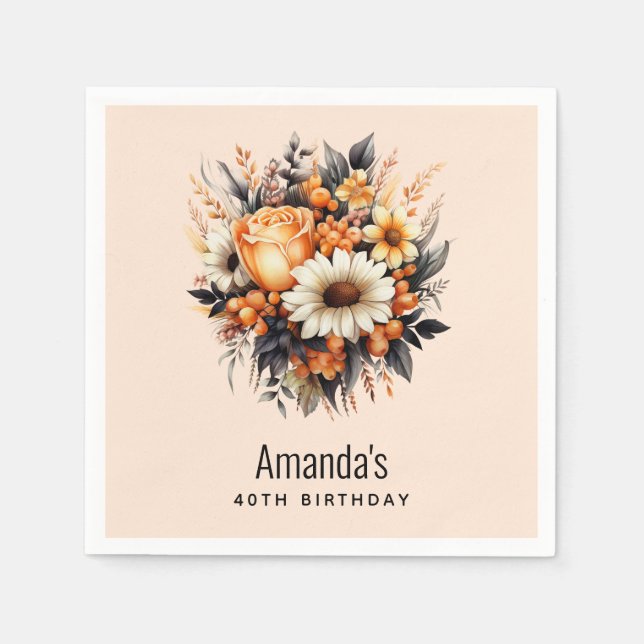 Orange Yellow Gray Flower Bouquet Birthday Napkins (Front)
