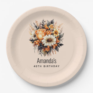 Orange Yellow Gray Flower Bouquet Birthday Paper Plates