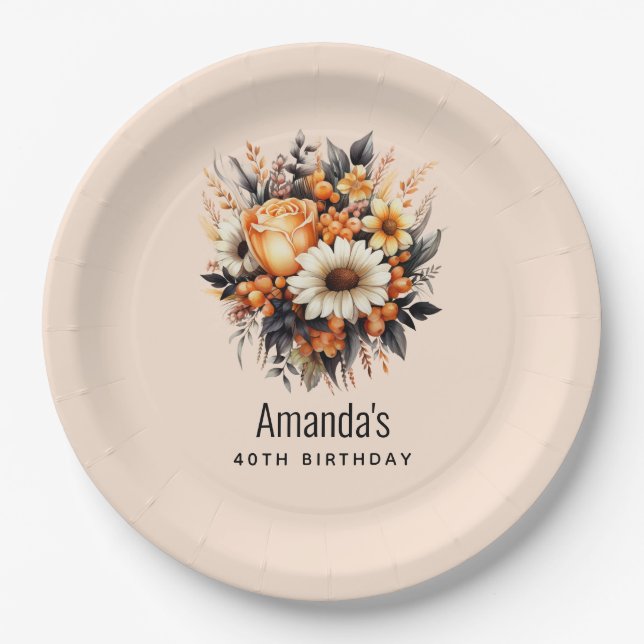 Orange Yellow Gray Flower Bouquet Birthday Paper Plates (Front)