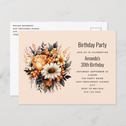 Orange Yellow Gray Flower Bouquet Birthday Party Postcard