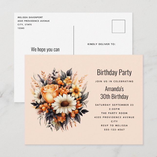 Orange Yellow Gray Flower Bouquet Birthday Party Postcard (Front/Back)