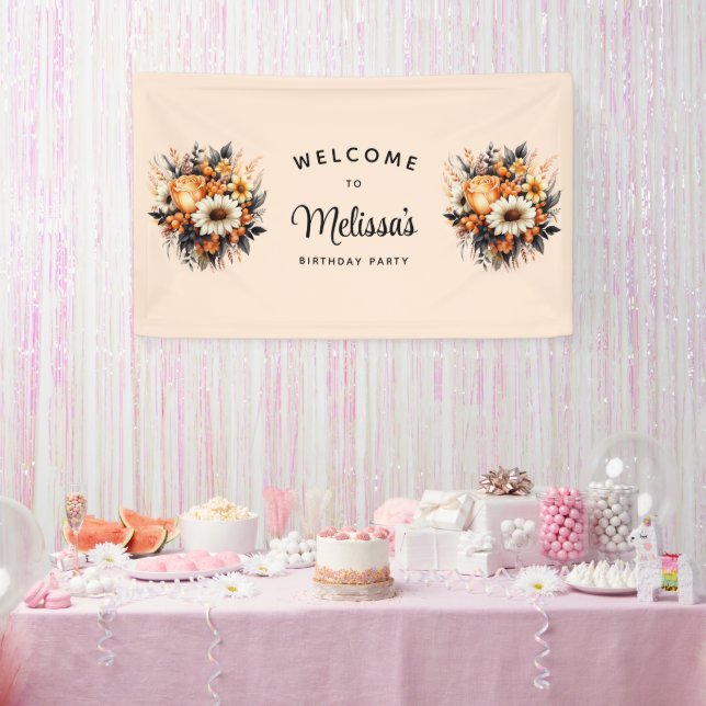 Orange Yellow Gray Flower Bouquet Birthday Welcome Banner (Party)