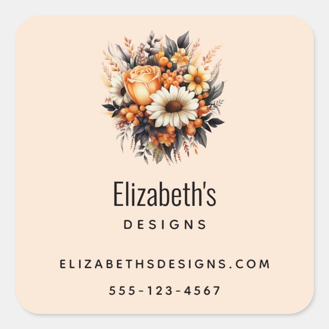 Orange Yellow Gray Flower Bouquet Business Square Sticker (Front)