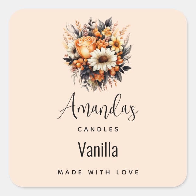 Orange Yellow Gray Flower Bouquet Candle Business Square Sticker (Front)