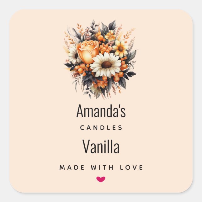 Orange Yellow Gray Flower Bouquet Candle Business Square Sticker (Front)