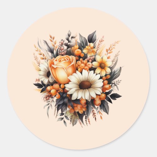 Orange Yellow Gray Flower Bouquet Classic Round Sticker