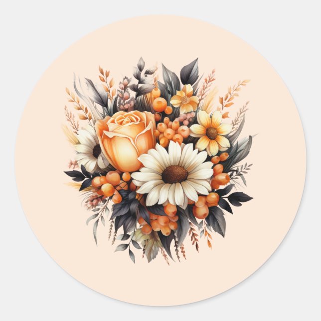 Orange Yellow Gray Flower Bouquet Classic Round Sticker (Front)