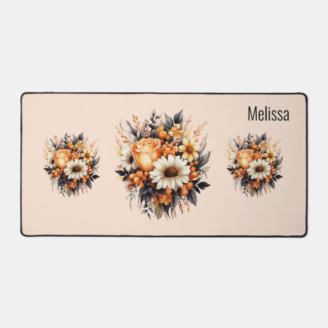 Orange Yellow Gray Flower Bouquet Desk Mat (Front)