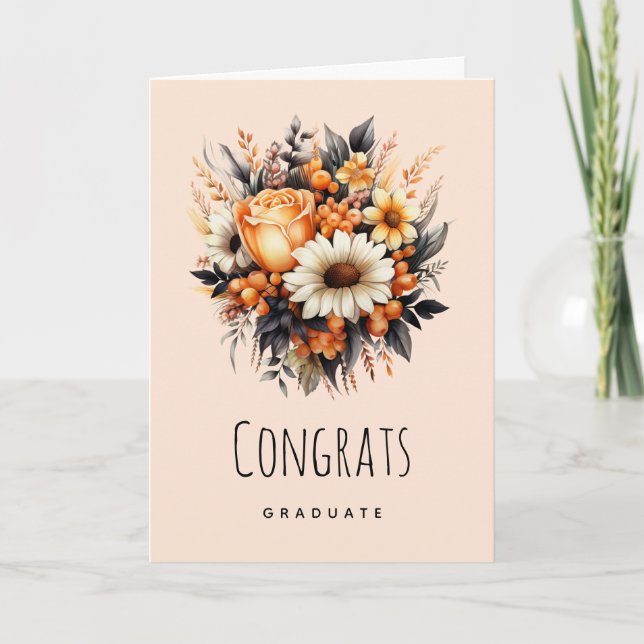Orange Yellow Gray Flower Bouquet Graduation Card (Front)