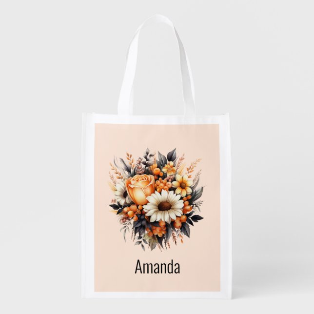 Orange Yellow Gray Flower Bouquet Grocery Bag (Front)