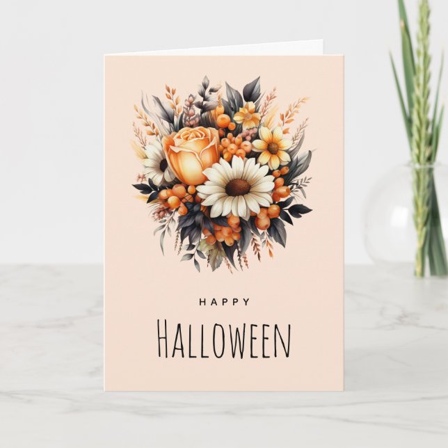Orange Yellow Gray Flower Bouquet Halloween Card (Front)