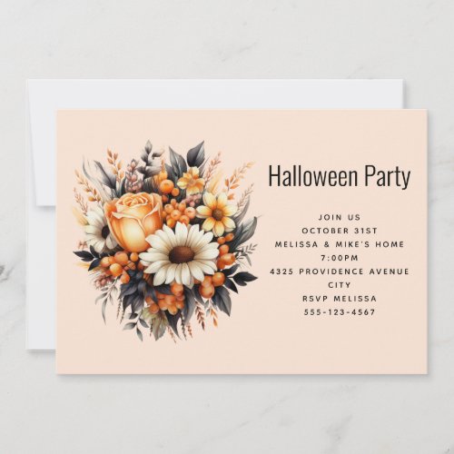 Orange Yellow Gray Flower Bouquet Halloween Party Invitation