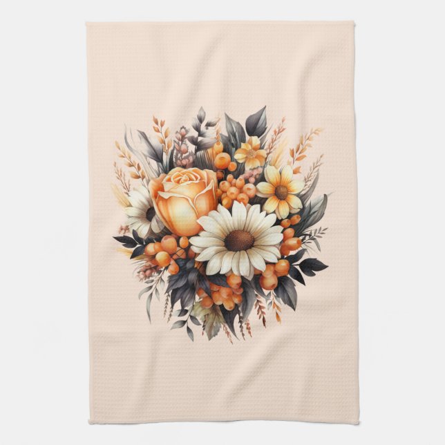Orange Yellow Gray Flower Bouquet Kitchen Towel (Vertical)