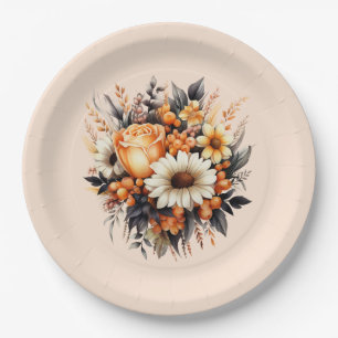 Orange Yellow Gray Flower Bouquet Paper Plates