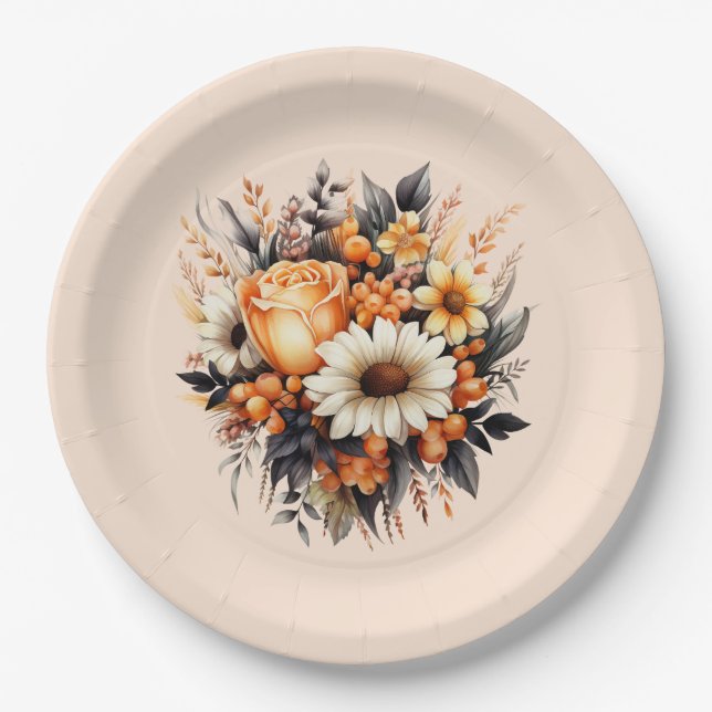 Orange Yellow Gray Flower Bouquet Paper Plates (Front)