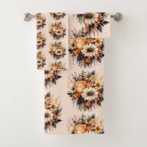 Orange Yellow Gray Flower Bouquet Pattern Bath Towel Set