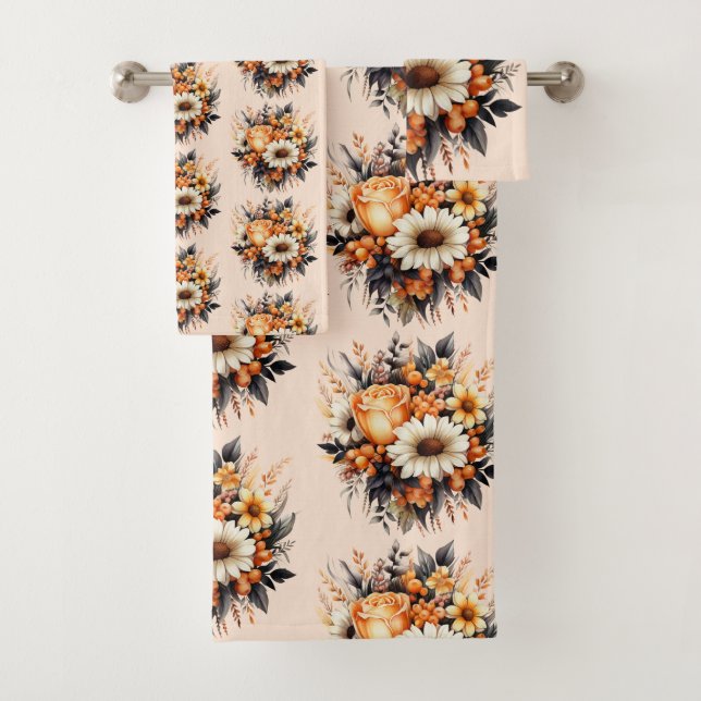 Orange Yellow Gray Flower Bouquet Pattern Bath Towel Set (Insitu)