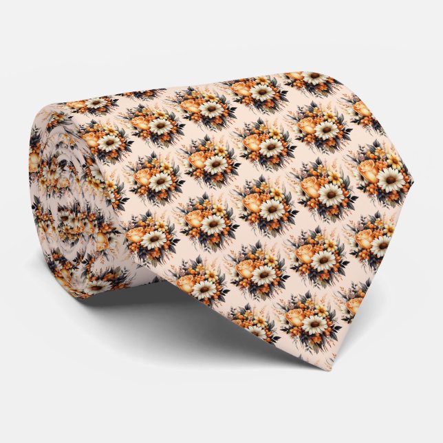 Orange Yellow Gray Flower Bouquet Pattern Neck Tie (Rolled)