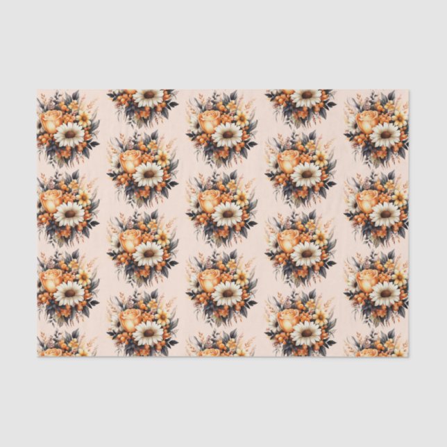 Orange Yellow Gray Flower Bouquet Pattern Tissue Paper (Front)