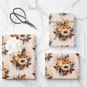 Orange Yellow Gray Flower Bouquet Pattern Wrapping Paper Sheets